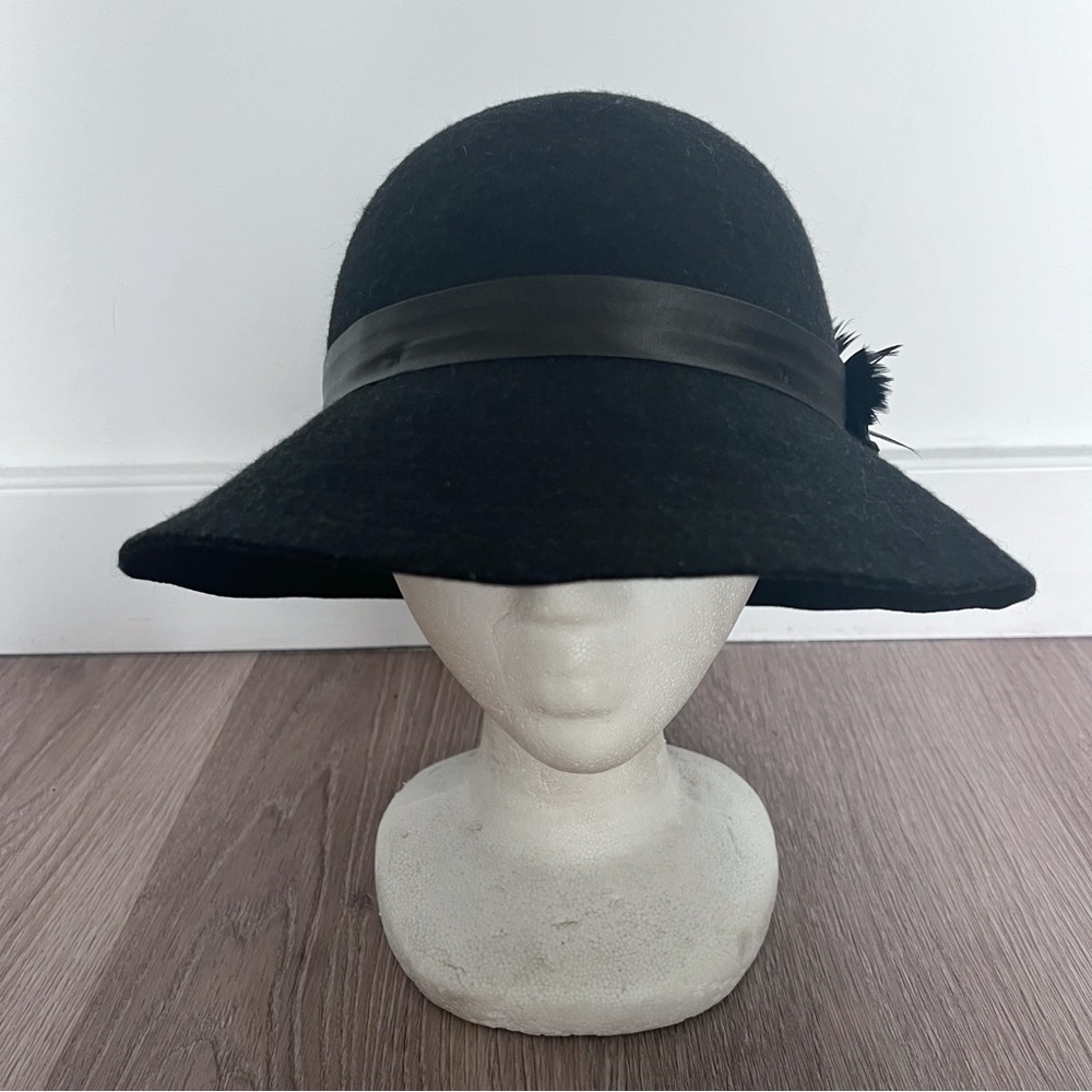 Goorin Brothers Bros. hat size Medium black feather ribbon wool cloche 1920s - Picture 3 of 14
